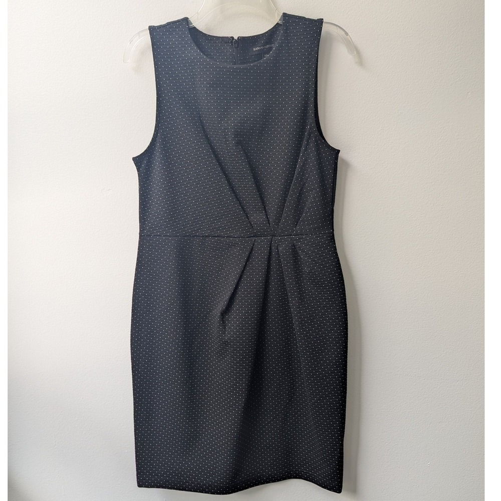 Banana Republic Sheath Dress Black Pinstripe Dot Pleated 10P Timeless Chic